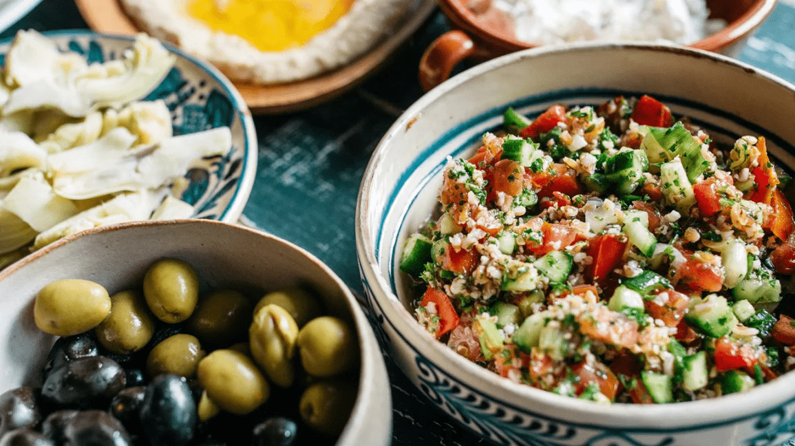 Masakan Mediterania dengan zaitun, hummus, dan salad tabbouleh