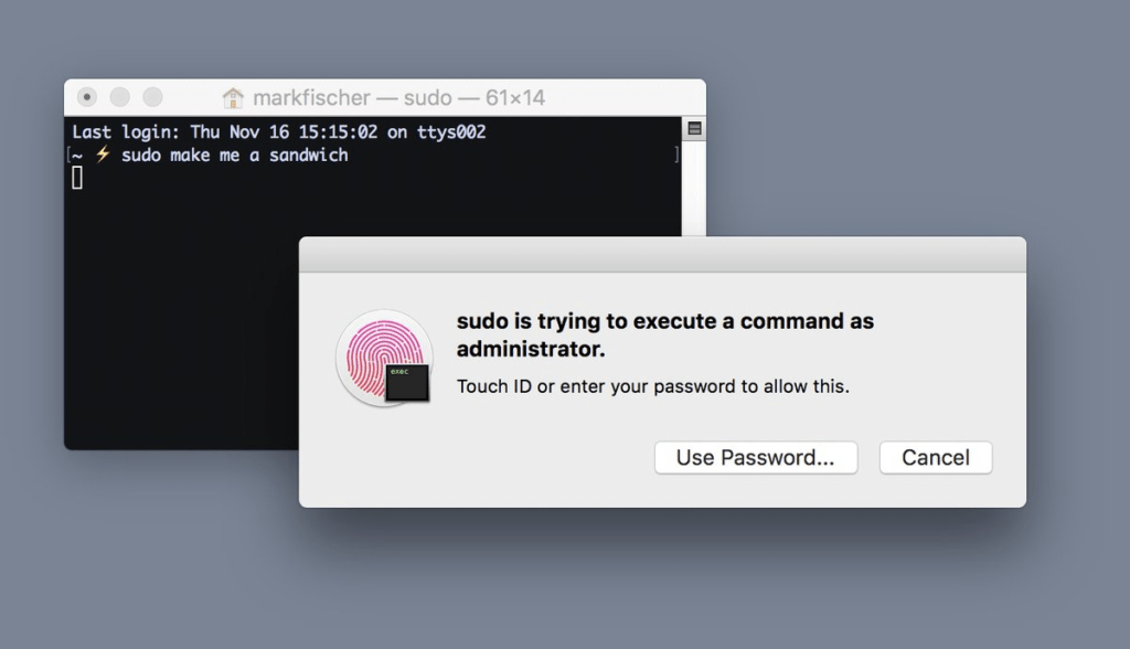 Ускорьте работу в Терминале MacBook Pro с помощью Touch ID