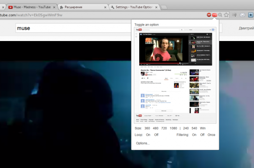 YouTube Options settings