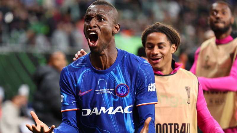 Nicolas Jackson of Chelsea celebrates after scoring a goal in the Europa Conference League ginal against Real Betis 