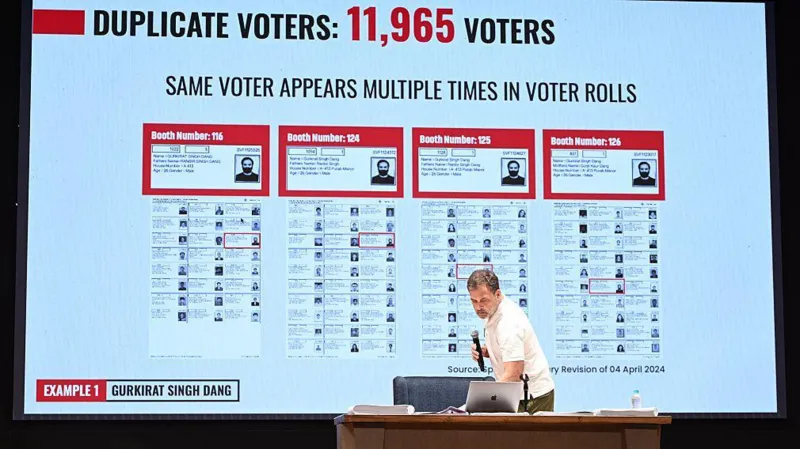 Getty Images Congress MP Rahul Gandhi addresses a press conference in New Delhi, India with election data on the screen behind him.