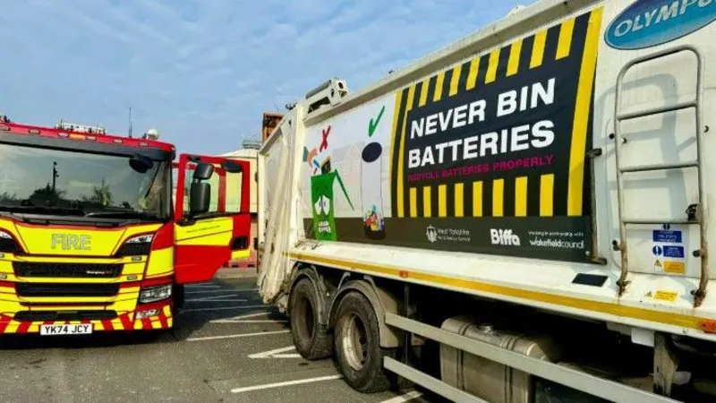 West Yorkshire Fire and Rescue Service A recycling lorry and a fire engine parked on a road