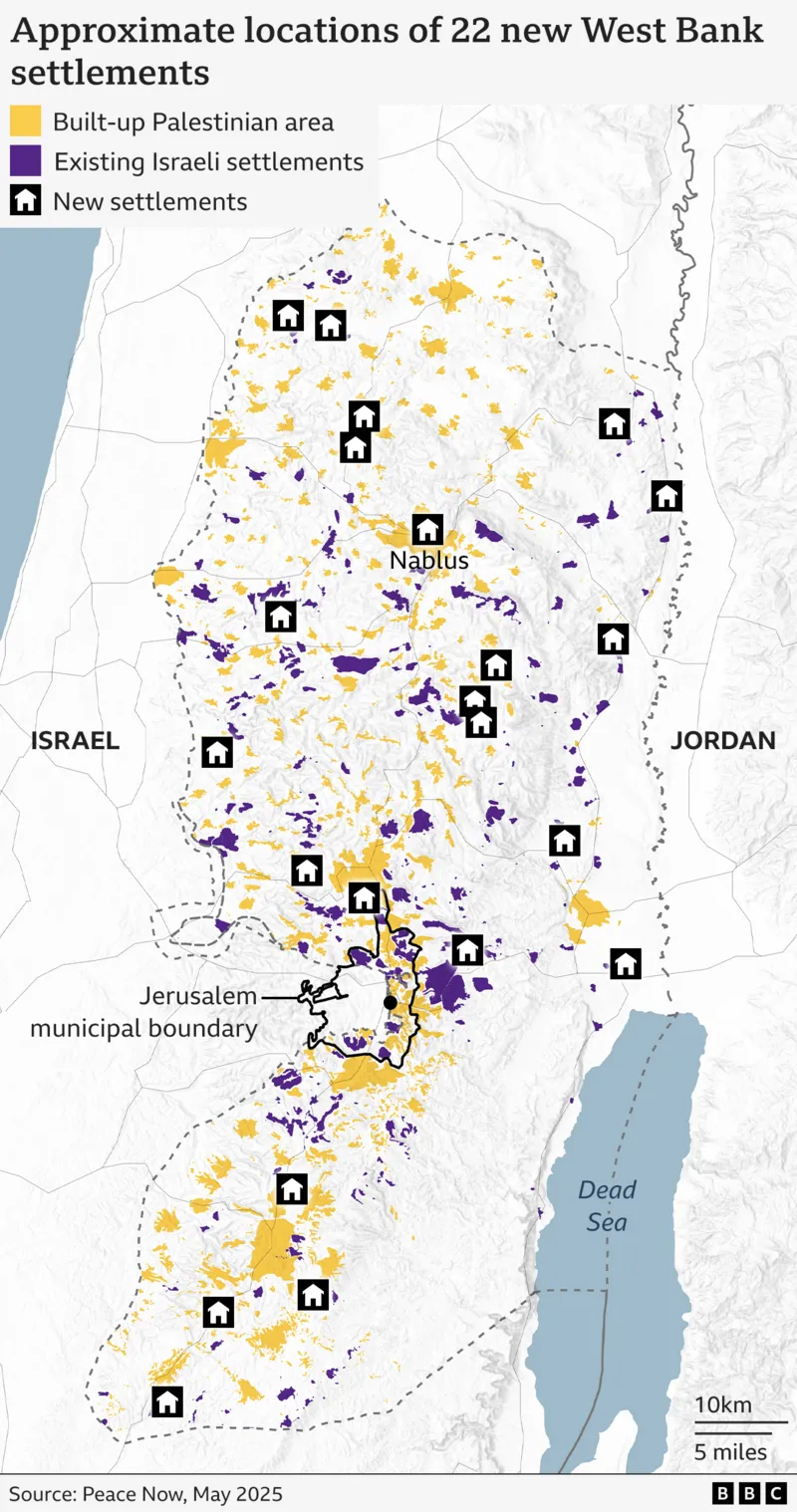 Map of the Israeli-occupied West Bank showing the approximate locations of 22 new settlements announced by Israeli ministers (29 May 2025)