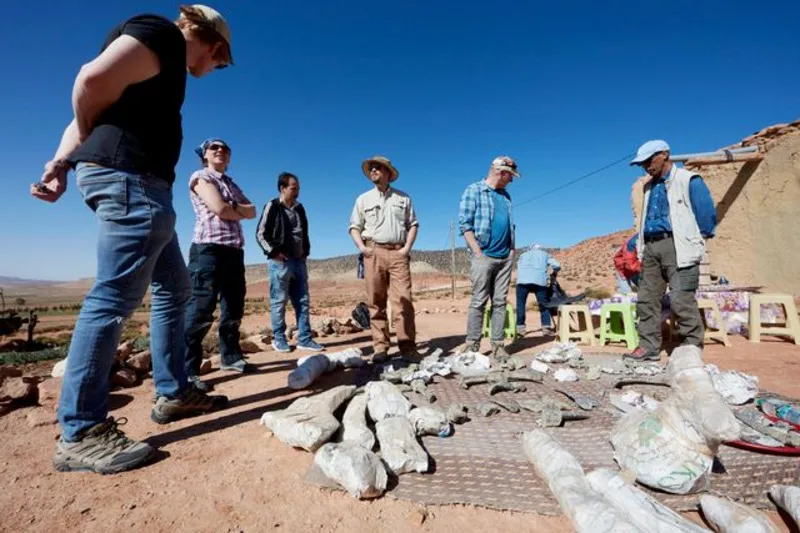 Trustees of the NHM Six scientists standing in the sunshine around a pile of white rock on a sandy surface in the foreground. Behind them is a brilliant blue sky.
