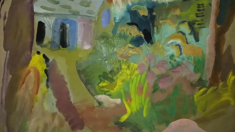 Robjn Cantus A painting of a garden scene in vivid colours including shades of green, yellow, pink, cream and brown. It is in a loose impressionistic style and shows a path on the right leading to a blue doorway, while on the left is a flower bed.