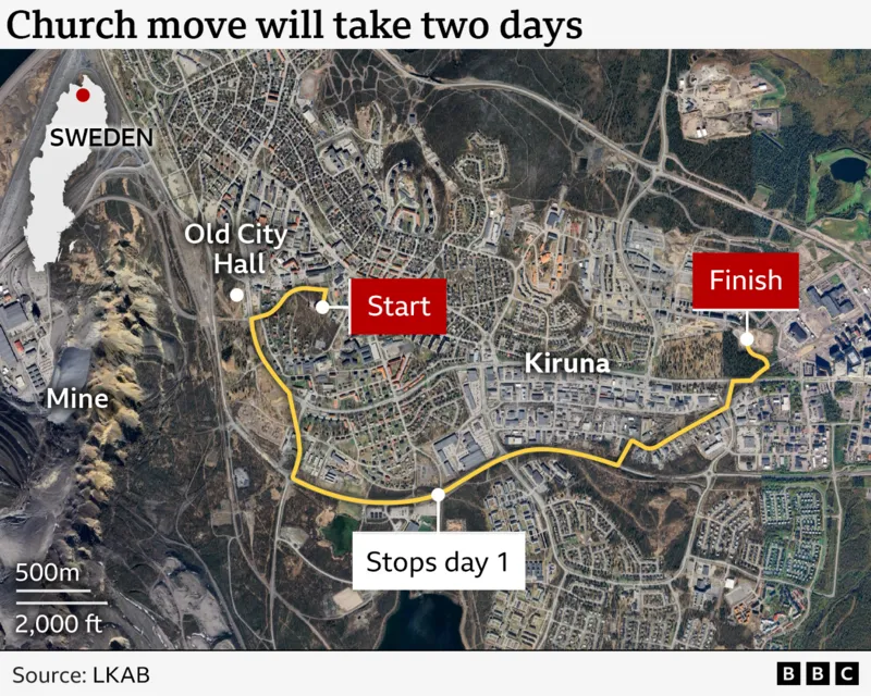 A map showing the route along which the church will be transported
