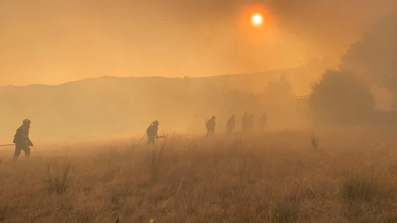 Guy Hedgecoe Firefighters spread out as they walk across a gloomy field that is smothered in smoke