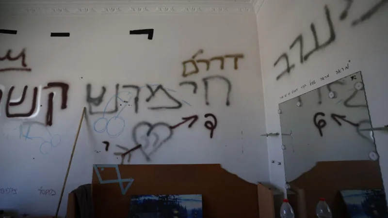 Graffiti on walls inside an apartment includes lewd images of penises