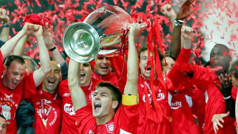 Liverpool captain Steven Gerrard lifts the Champions League trophy in 2005