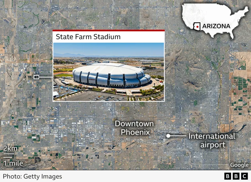 Map showing the location of the State Farm Stadium in Glendale about 20km (12 miles) northwest of Downtown Phoenix, including a photo of the stadium that shows the large white round building surrounded by car parking areas with mountains visible in the background.