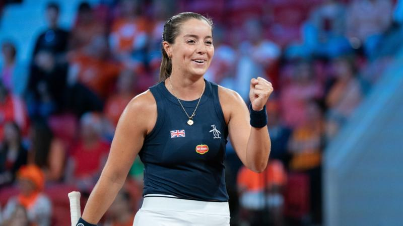 Jodie Burrage celebrates while playing for Great Britain in the Billie Jean King Cup qualifiers in 2025