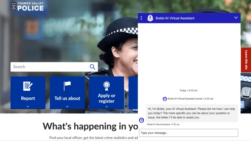 Thames Valley Police An image of the Thames Valley Police website which features a pop-up chat window. The window is titled 