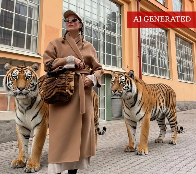 @clarainvogue A woman wearing a pair of sunglasses and a camel coat poses outside an industrial looking building with two tigers. The tigers are AI generated.