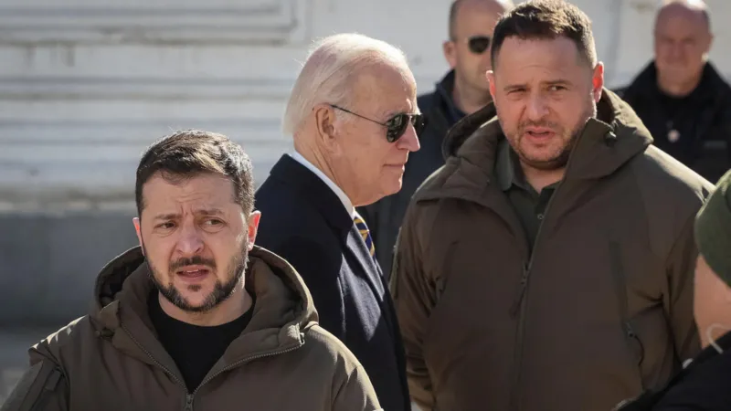 Reuters U.S. President Joe Biden, Ukraine's President Volodymyr Zelenskiy and Head of Ukraine's Presidential Office Andriy Yermak meet, amid Russia's attack on Ukraine, in Kyiv, Ukraine February 20, 2023. REUTERS/Gleb Garanich/File Photo