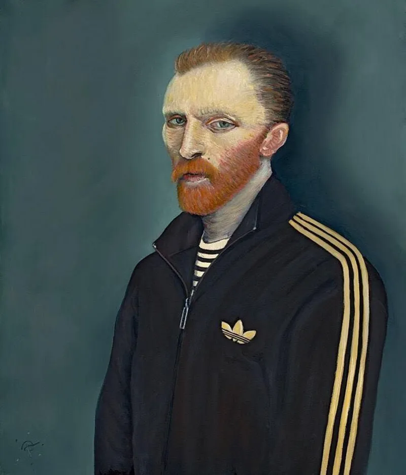Ross Muir Art A parody of Vincent van Gogh's self-portrait. He is wearing a black and gold Adidas tracksuit and has a beard and moustache.