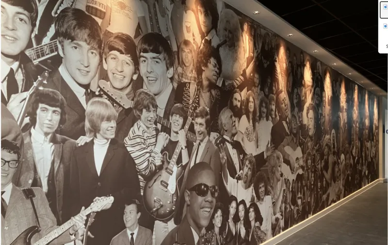 A mural of famous performers on a wall