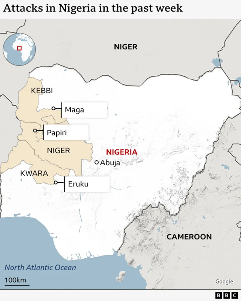 A map of Nigeria showing where last week's attacks have taken place - they are all in the west, from north-west, to south-west