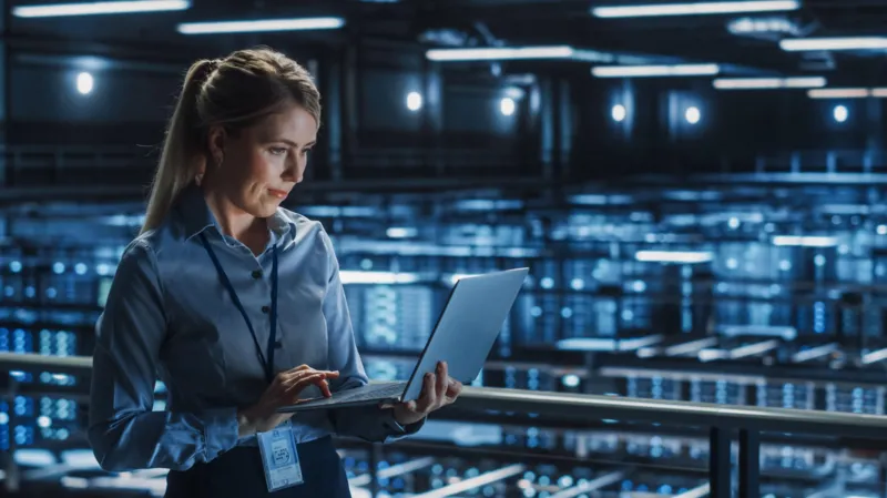 Getty Images A woman holding a laptop inside a data centre, which has lots of computer systems glowing blue in the background.