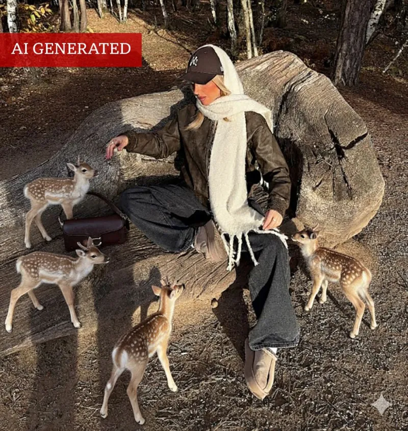 @zoeilanahill A woman wearing a cap and a scarf in a wooded area is sitting on a large tree trunk, she is posing next to two baby deer. The baby deer are AI generated.
