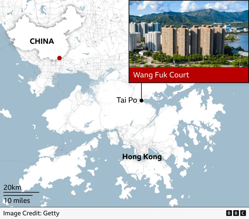 Map showing the location of Wang Fuk Court in Tai Po, Hong Kong, with an inset photo of the tall residential buildings against a backdrop of green hills and water. An inset map show Hong Kong in the south east of China, with a red dot marking the area