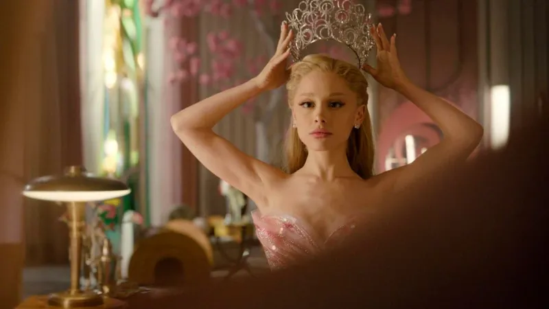 Universal Ariana Grande in Wicked: For Good, as Glinda the good witch, wearing a pink dress and placing a tiara on her head