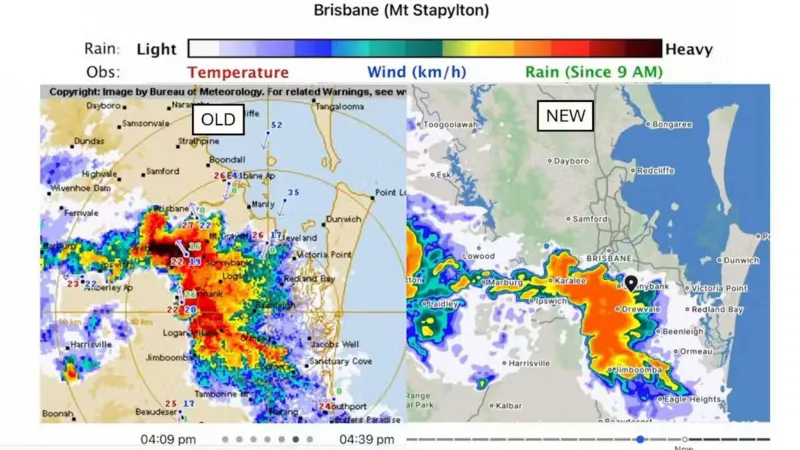 Steve Turton/Bom Rain radar of Brisbane, with a version of the old Bureau of Meteorology site on the left and the new look on the right.