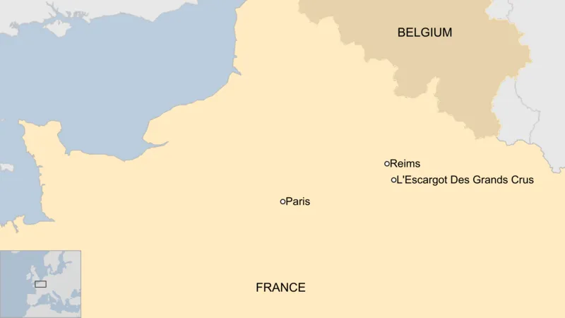 Map of France showing L Escargot Des Grands Crus near Reims and Paris