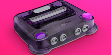 Transparent ModRetro M64 console with 4K and original tri-pronged controller