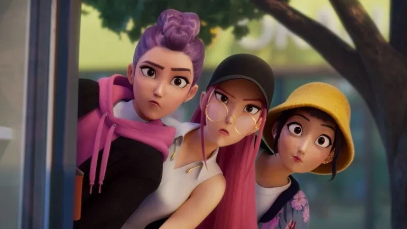 Netflix Rumi, Mira and Zoey peering around a corner in KPop Demon Hunters