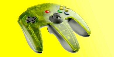 Transparent ModRetro M64 with original controller close-up
