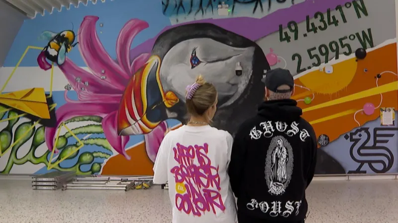 Tiffany Anna va Woodie muralga qarab devorga qaragan holda tasvirlanmoqda