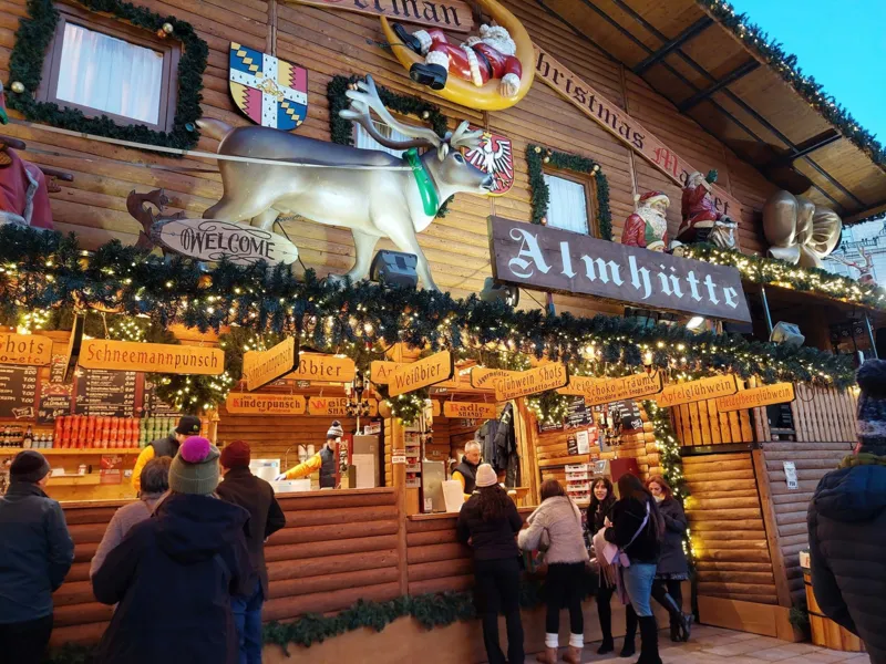 Market stall with festive signage and decor