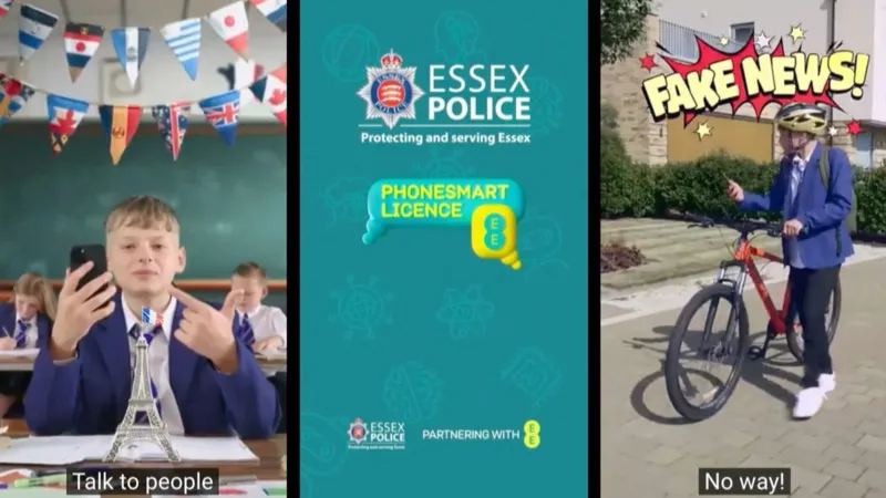 Essex Police There are three images from the campaign video. On the left, a boy wearing school uniform is sitting in a classroom. There are multi-national flags above his head and a model of the Eiffel Tower on his desk. He is holding a mobile phone and explaining that AI can be used for translation. The middle image shows the Essex Police crest alongside the EE Phonesmart logo on a teal coloured background. The third image, shows a boy wheeling a bicycle along a street. He is looking at his mobile and the words 
