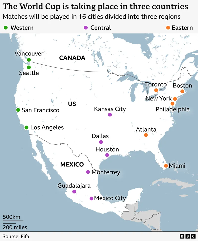 Map shows the location of World Cup 2026 matches in North America