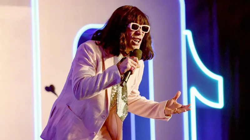 Getty Images A person with a brown bob and a fringe is seen clutching a microphone on a blue-lit stage. They are wearing pink plastic sunglasses and a matching pink suit jacket.