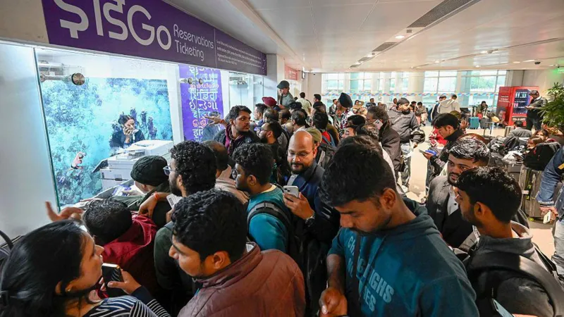 Passengers gathering at an IndiGo counter during travel disruptions