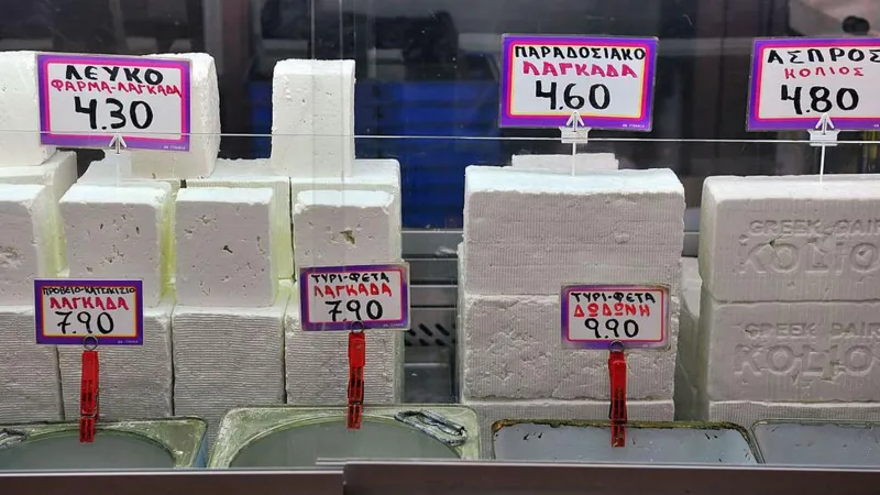 Blocks of feta cheese on sale at a shop in Greece