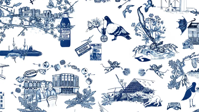 Theatre Factory asari oq fonda, moviy chizmalar bilan shirinliklar, qushlar va bino rasmlari