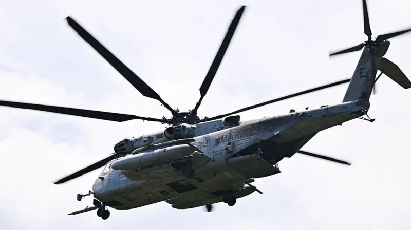 Getty Images A US Marine Sikorsky CH-53K King Stallion helicopter flies at José Aponte de la Torre Airport in Puerto Rico where forces train to support operations in the Caribbean