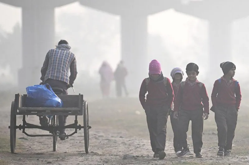 AFP via Getty Images Four children in school uniforms walk through a field on a smoggy winter morning in New Delhi on 17 December. Beside them, a man riding a cycle cart