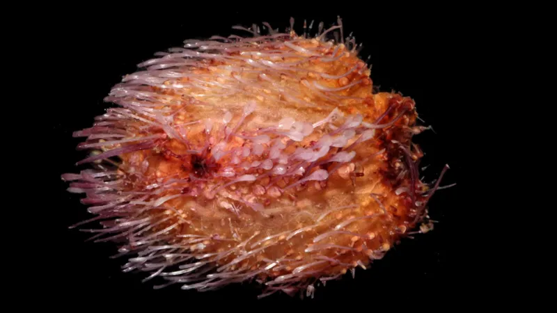Sea urchin-like creature on the seabed in orange with pink details