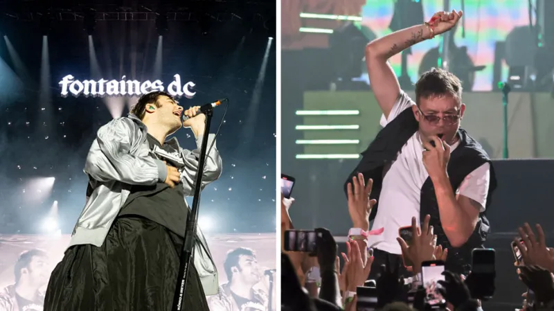 Getty Images composite: Fontaines D.C. dan Grian Chatten o‘ngda, Gorillaz dan Damon Albarn chapda