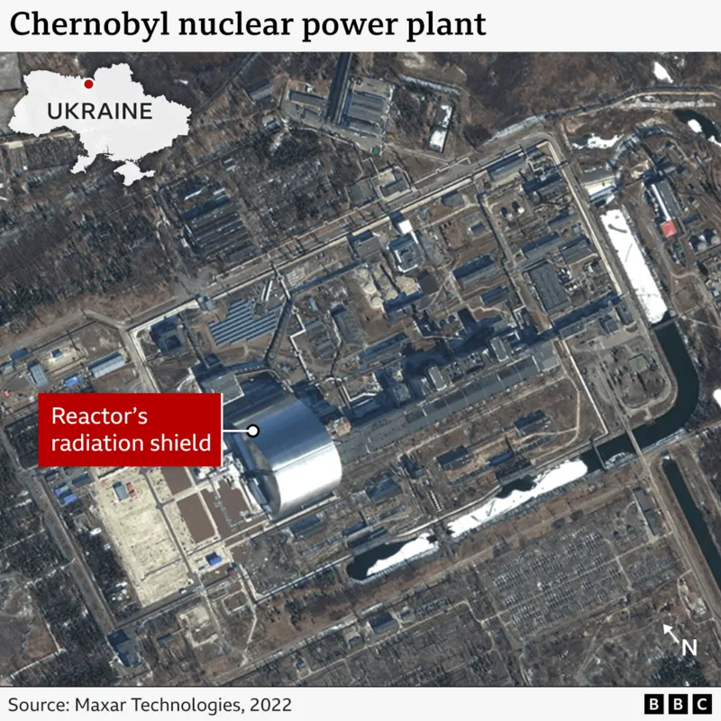 A satellite map showing the Chernobyl nuclear plant's position in northern Ukraine, and its reactor's silver protective shield.