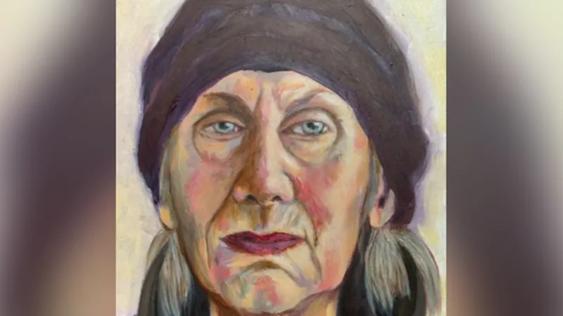 Janice Rider's Indistinct Vision: a large close-up portrait of an older woman in a hat
